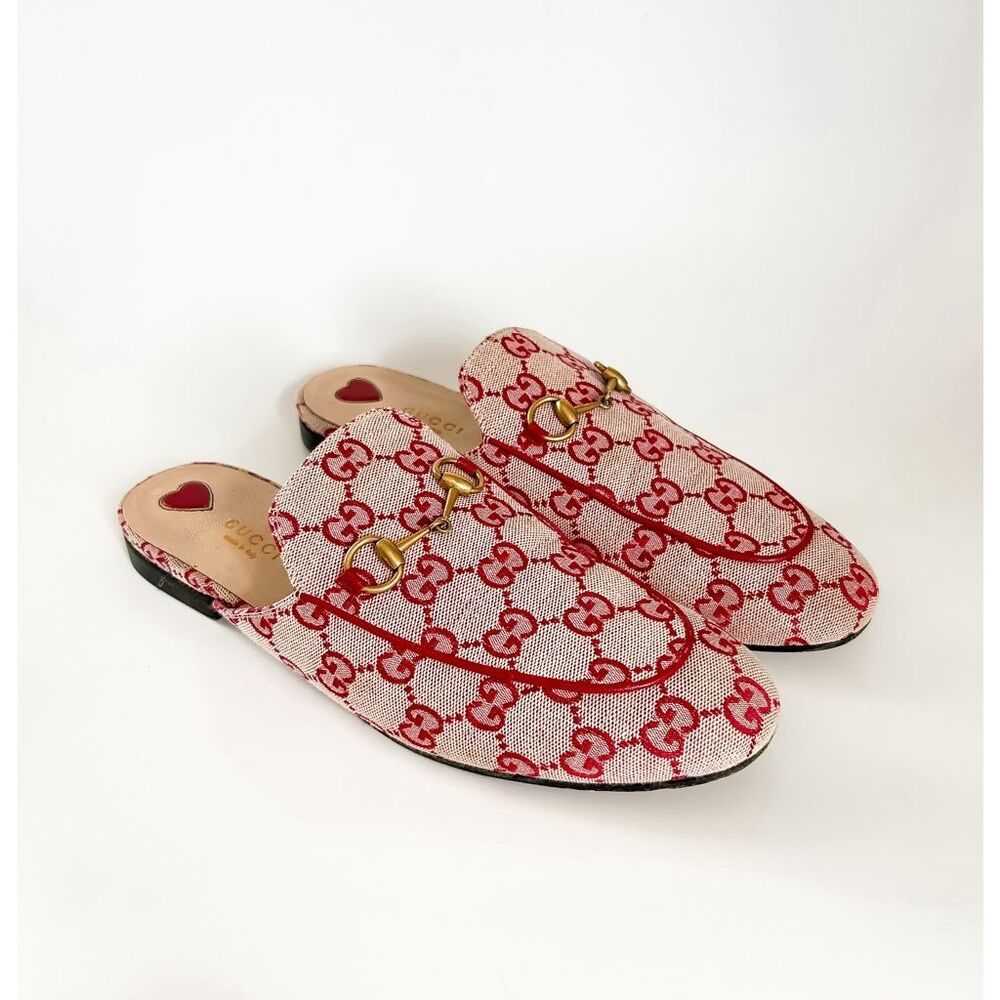 Gucci Princetown Mules GG Red Canvas Horsebit Loafer Size 39.5, 9.5 - Picture 1 of 13